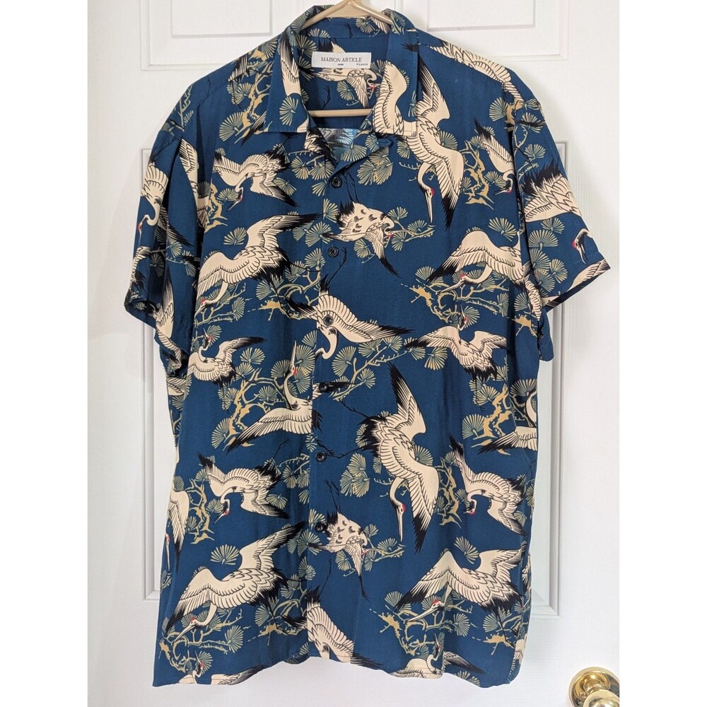 Maison Article Hawaiian S/S Shirt Mens XL Blue Japanese Crane Rayon Tattoo Aloha